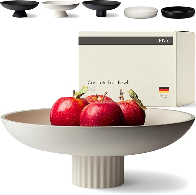 KIVY Concrete Fruit Bowl for Kitchen Counter - Large Decorative Pedestal Bowl for Home Decor - Modern Key Bowl for Entryway Table - White-Ruum Studio Home