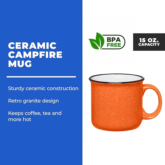 Set of 8 Ceramic Campfire Mugs – 15 Oz, Orange – Coffee & Tea Cups for Home, Work, Travel, Camping – Customizable, Great for DIY, Events, Companies-Ruum Studio Home