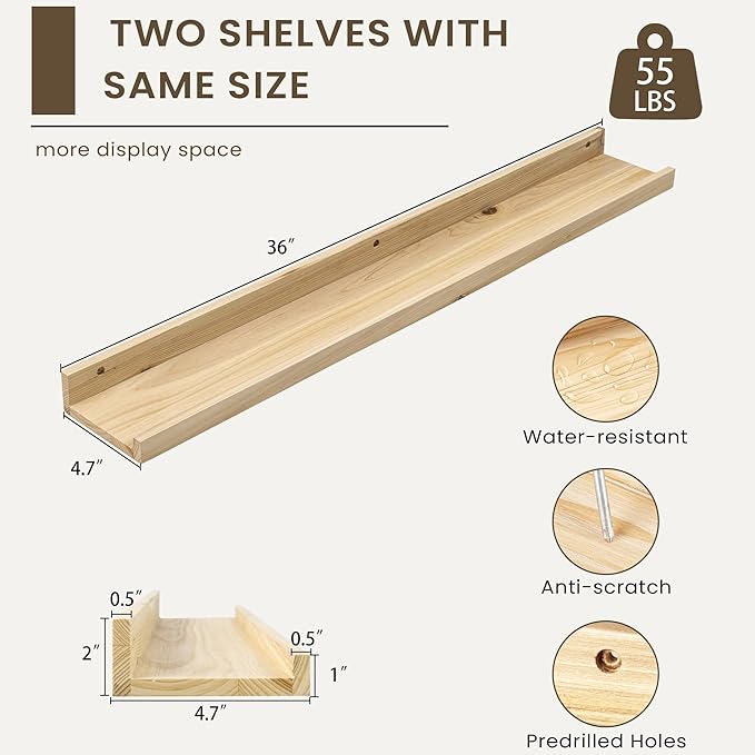 Floating Shelves for Wall, Picture Ledge Shelf 36 Inch Solid Wood Set of 2, Rustic Wall Shelves with Lip, Kids Bookshelf, Photo & Picture Live Edge Floating Shelves for Bedroom, Living Room, Kitchen-Ruum Studio Home