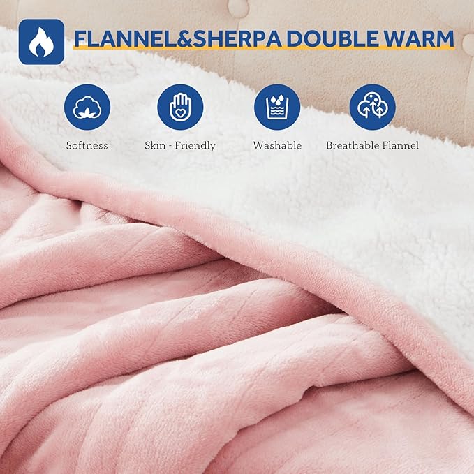 Sealy Electric Blanket Throw Size 50"*60",Super Cozy Flannel to Sherpa Reversible Heated Blanket Throw with 6 Heating Levels & 2-10 Hours Auto Off Overheating Protection Machine Washable,Pink-Ruum Studio Home
