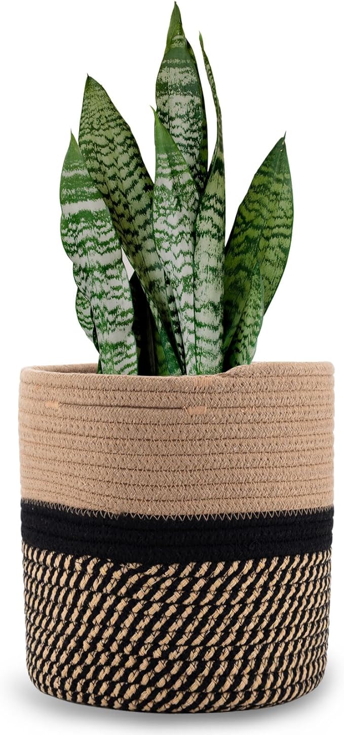 Woven Cotton Rope Plant Basket for 11" Flower Pot Floor Indoor Planters,Storage Organizer Basket Rustic Home Decor (11" x 11",Black and Brown Stripes)-Ruum Studio Home