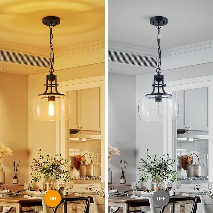 WUZUPS Chandelier Rustic Farmhouse Industrial Round Ceiling Pendant LED Light Fixture with Clear Glass Shades for Dining Room Kitchen Island Foyer Entryway, H 13" x W 10", E26 Base, Black-Ruum Studio Home