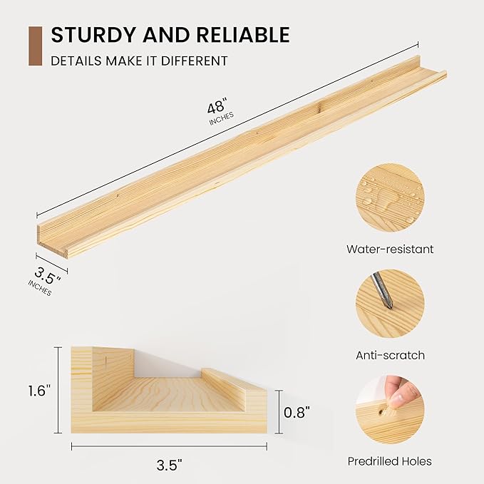 Picture Ledge Shelf, Solid Pine Wood Floating Shelves Set of 2, 48 Inches Nursery Book Shelves for Toys Storage, Kids Bookshelf Wall Mounted for Living Room Decor Photo Frames, Unfinished Natural-Ruum Studio Home