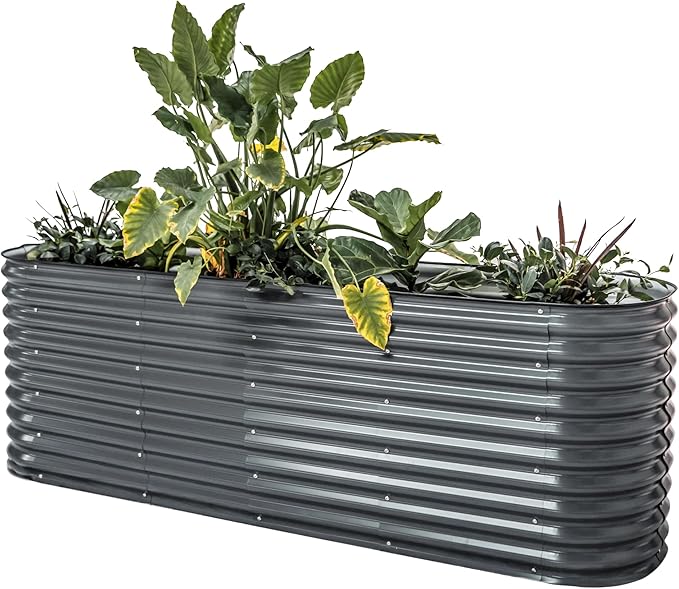 Vego garden 32" Extra Tall Raised Garden Bed Kits, 9 in 1 Modular Raised Planter Box for Vegetables Flowers Fruits Oval Metal Raised Garden-Modern Gray-Ruum Studio Home