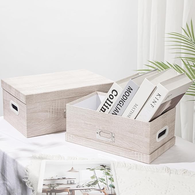 Briful Set of 2 Rustic Wood Grain Storage Boxes with Lids – Stackable Rectangular Organizer Bins, 14'' + 13'' Set Decorative Storage Containers for Bedroom, Living Room, Gifts-Ruum Studio Home