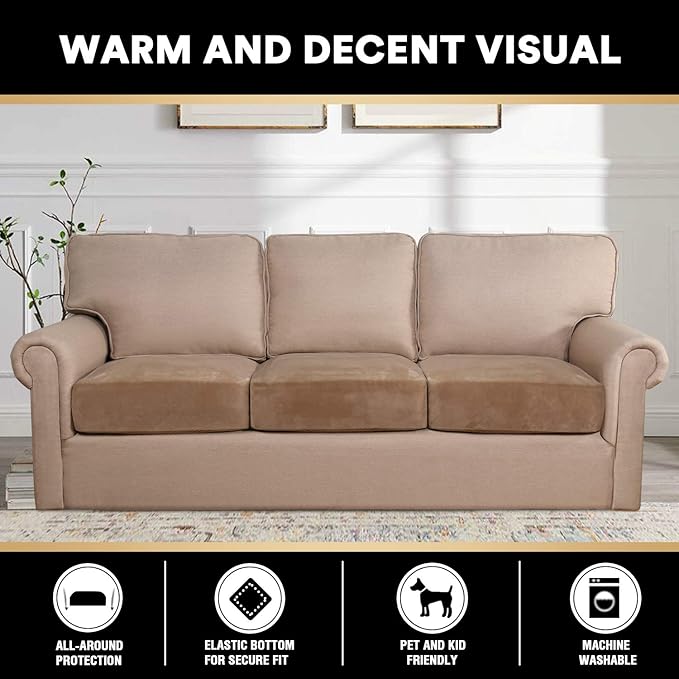 PrinceDeco Super Soft Couch Cushion Covers for Sectional Couch, Velvet Sofa Slipcover for Cushion Sofa pet Friendly with Elastic Bottom(Each Width Up to 29.5", Camel)-Ruum Studio Home