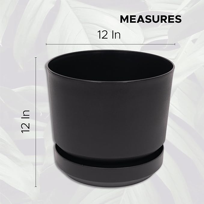 Elly Décor 12 inch Plastic Cylinder Planter Pot with Self-Watering Saucer and Drainage Hole,Lightweight & Extremely Durable, 12"x 12", Black-Ruum Studio Home