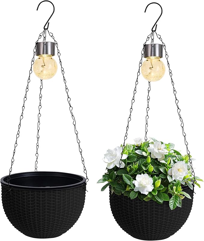 Hanging Baskets for Plants Outdoor - 2 Pack Black Plastic Solar Flower Pots with Drainage Holes & Removable Saucer, Self-Watering Hanging Planters for Garden, Porch, Balcony, Patio-Ruum Studio Home