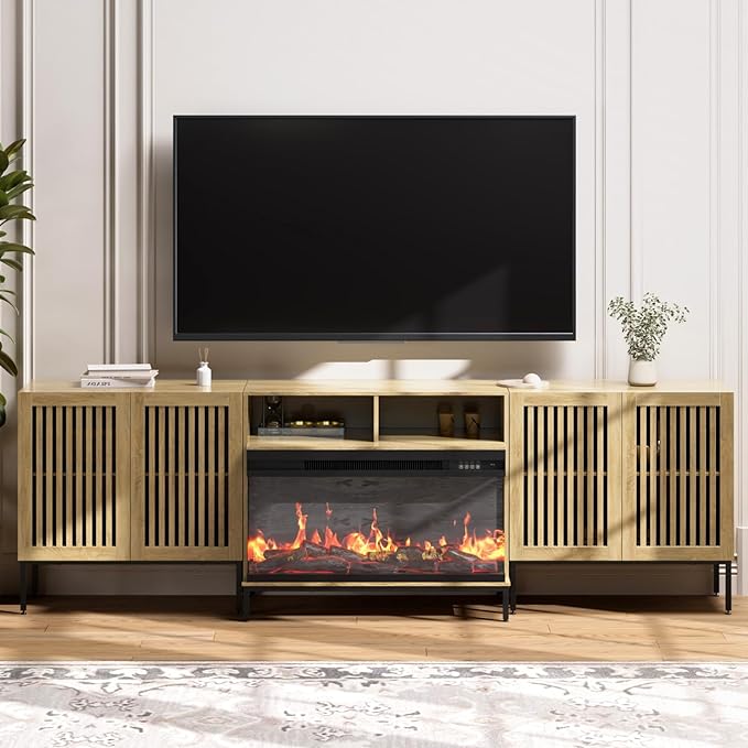 3-Sided Glass Farmhouse Fireplace TV Stand for TVs Up to 100 Inch, Entertainment Center with 36" Electric Fireplace, Oak TV Console with Storage Cabinets for Living Room-Ruum Studio Home