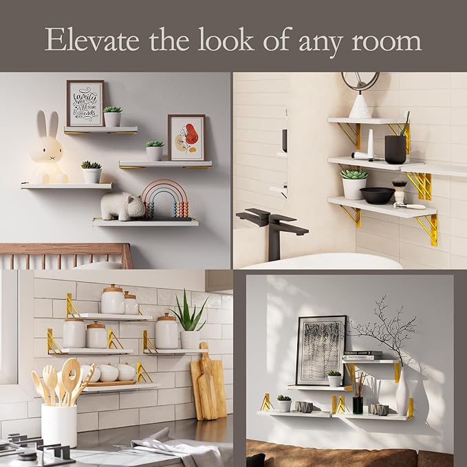BAYKA Wall Shelves for Bedroom Decor, Floating Wall Shelves for Living Room Kitchen Storage, Wall Mounted Rustic Wood Shelves for Kids Books, Corner Shelf for Bathroom(White and Gold，Set of 4)-Ruum Studio Home