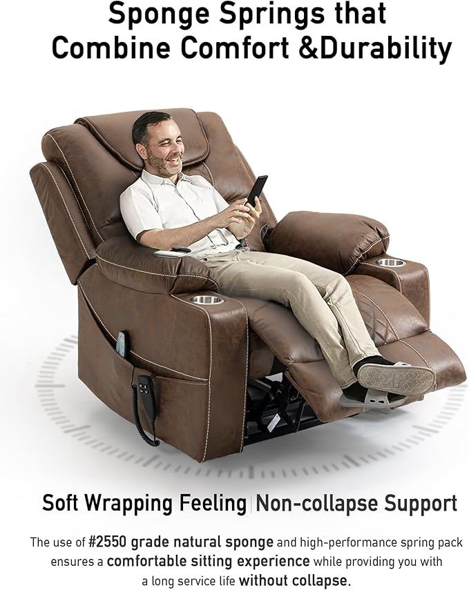 Large Power Lift Chairs Recliners for Elderly with Heated and Massage, Upgraded Dual Motor Lay Flat Recliners, 25in Extra Wide Seat, Cup Holder, Side Pocket…, Brown/Breathing Leather-Ruum Studio Home