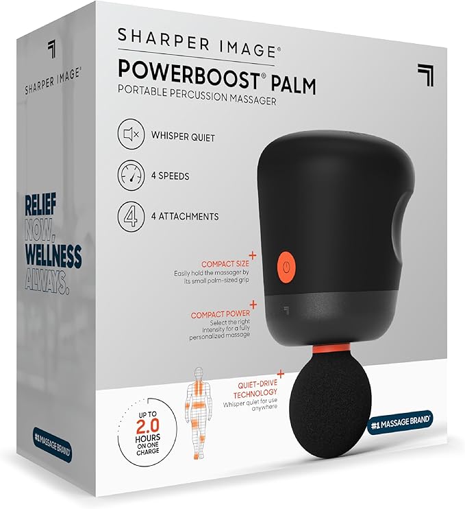 Sharper Image® Powerboost® Palm Portable Percussion Massager - 4 Attachments, 4 Speeds| Compact Full Body Back & Shoulder Mini Massage Gun| Deep Tissue Muscle Soreness Recovery| Wellness Gift-Ruum Studio Home