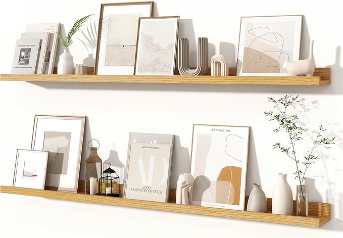 Fun Memories Picture Ledge Shelves Set of 2, 48 Inch Rustic Wall Mounted Floating Shelves with Lip for Home Storage and Décor in Bathroom, Kitchen, Nursery, Bedroom, Living Room, Oak-Ruum Studio Home