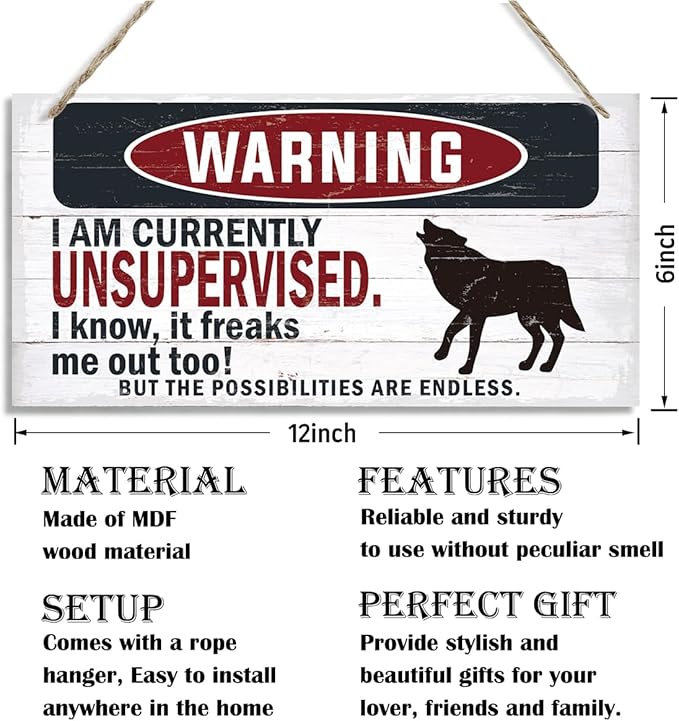 Warning Sign, Unsupervised Warning Wood Plaque Sign, Funny Door Signs, Decorative Wood Hanging Suspension Plaque, Farmhouse Wooden Wall Decor, Outdoor Hanging Wooden Signs-Ruum Studio Home