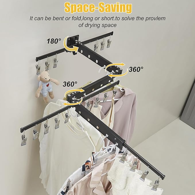 BESy Tri-Fold Foldable Clothes Drying Rack Retractable Hanging Collapsible Dryer Hanger Racks for Laundry Balcony Bathroom Space Saver Outdoor Indoor 20 Clips Aluminum Alloy Wall Mounted Matte Black-Ruum Studio Home