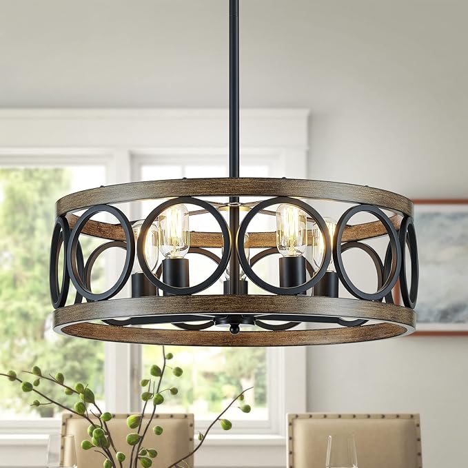 XINGQI 21.7'' Modern Chandelier, Farmhouse Drum Chandeliers for Dining Room Living Room Bedroom 5-Light Pendant Lighting Round Black Metal Antique Wood Grain Finish Adjustable-Ruum Studio Home