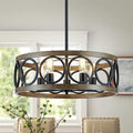 XINGQI 21.7'' Modern Chandelier, Farmhouse Drum Chandeliers for Dining Room Living Room Bedroom 5-Light Pendant Lighting Round Black Metal Antique Wood Grain Finish Adjustable-Ruum Studio Home
