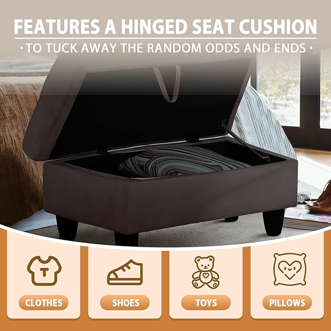 Ottoman Rectangular Storage Ottoman Bench, Flannel Footrest Stool Footstool with Lid for Living Room, Bedroom, Entryway, Dark Coffee, 28.5"x19"x17.5"-Ruum Studio Home