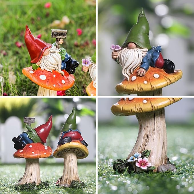 TERESA'S COLLECTIONS Garden Gnomes on Mushroom, Set of 2 Cute Resin Gnome Statues for Yard, Outdoor Patio Porch Lawn, Ideal Gift for Dad Mom Birthday, Outside Decor Housewarming Gifts-Ruum Studio Home
