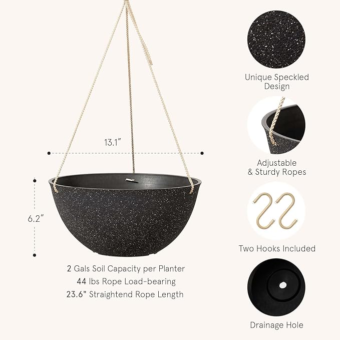 LA JOLIE MUSE Large Hanging Planters for Outdoor Plants - 13 Inch Hanging Basket for Patio Set of 2, Speckled Black-Ruum Studio Home