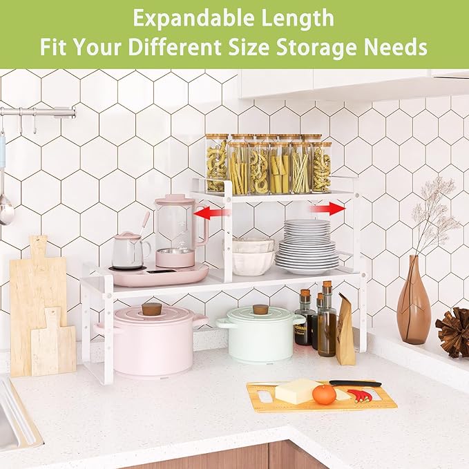 Expandable Cabinet Shelf Organizer Rack, Stackable Kitchen Counter Storage Shelves Stand, Adjustable Height Pantry Shelf Spice Rack (White, 2 Pack)-Ruum Studio Home
