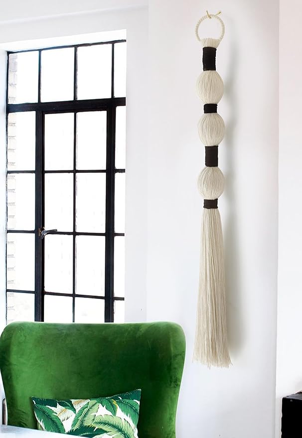 Macrame Wall Hanging Boho Wall Decor Small Sphericity Cotton Textile Tassel Hanging Fiber Yarn Art for Living Room Bedroom 27'' L x 2.3'' W-Ruum Studio Home
