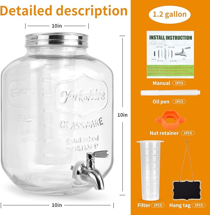 DD&HAPP Glass Beverage Dispenser With Stainless Steel Spigot,1.2 Gallon Mason Jar Drink Dispenser,Sun Tea,Lemonade & Juice Dispenser for Parties, Weddings & Events.Leak-Proof, Infuser Included.-Ruum Studio Home
