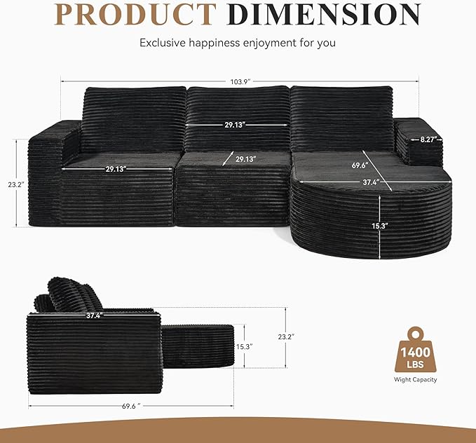 Modular Sectional Sofa with L-Shape Chaise,Cloud Sectional Modern Sleeper Couch with Deep Seat,Sponge Compression Sofas No Assembly Required (Black-Sherpa Fabric) 1PCS-Ruum Studio Home
