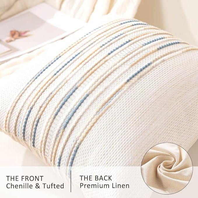 Boho Throw Pillow Covers 18x18 Set of 2 Farmhouse Decorative Cushion Case Striped Square Pillows Cover Chenille Pillow Cases Accent Neutral Pillowcase for Sofa Couch Bed,Yellow-Blue-Ruum Studio Home