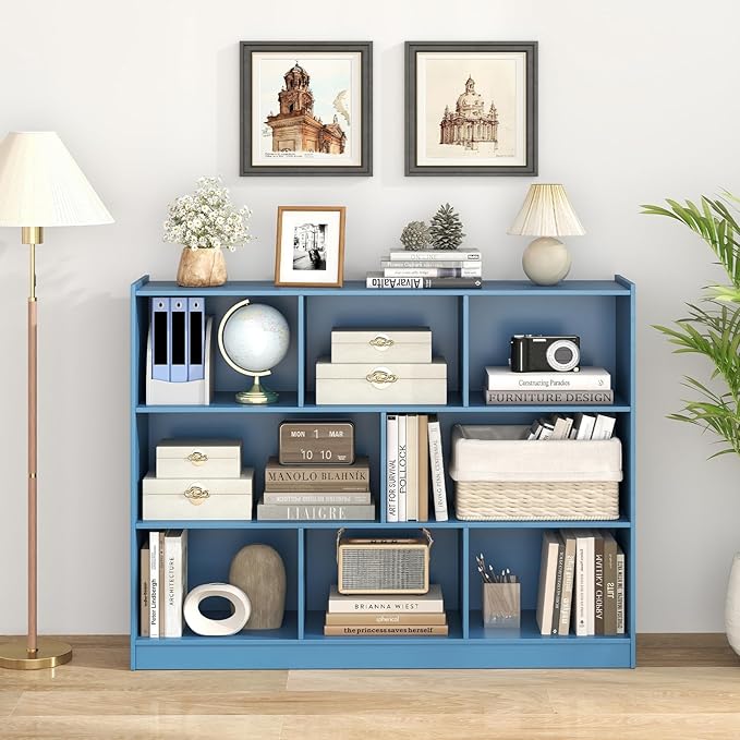 Tangkula 8-Cube Bookcase, Wood 3 Tier Open Storage Bookshelf, Modern Multipurpose Display Cabinet for Living Room, Study, Reading Nook, 48 x 12.5 x 36.5 Inch (Bright Blue)-Ruum Studio Home