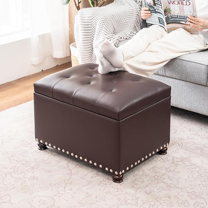 Joveco Leather Storage Ottoman Bench Rectangle 24 Inch Foot Rest Ottomans Stool for Living Room Bedroom(Brown)-Ruum Studio Home
