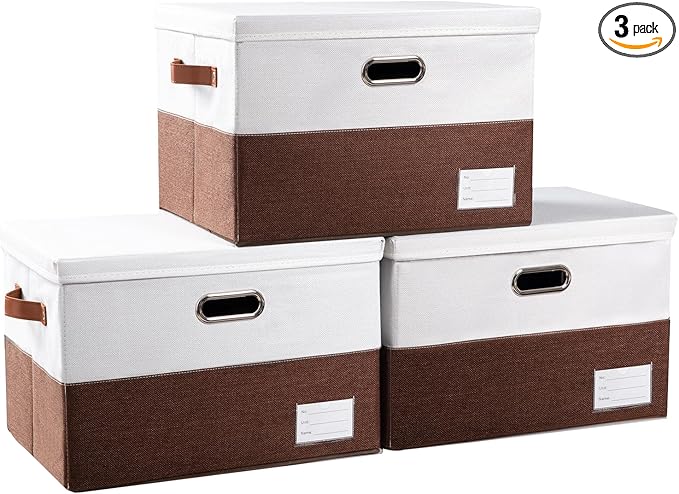 PRANDOM Foldable Storage Bins with Lids [3-Pack] Fabric Collapsible Storage Boxes Baskets Cubes Containers with Handles for Closet Living Room Bedroom (Brown & White 17.7x11.8x11.8'')-Ruum Studio Home