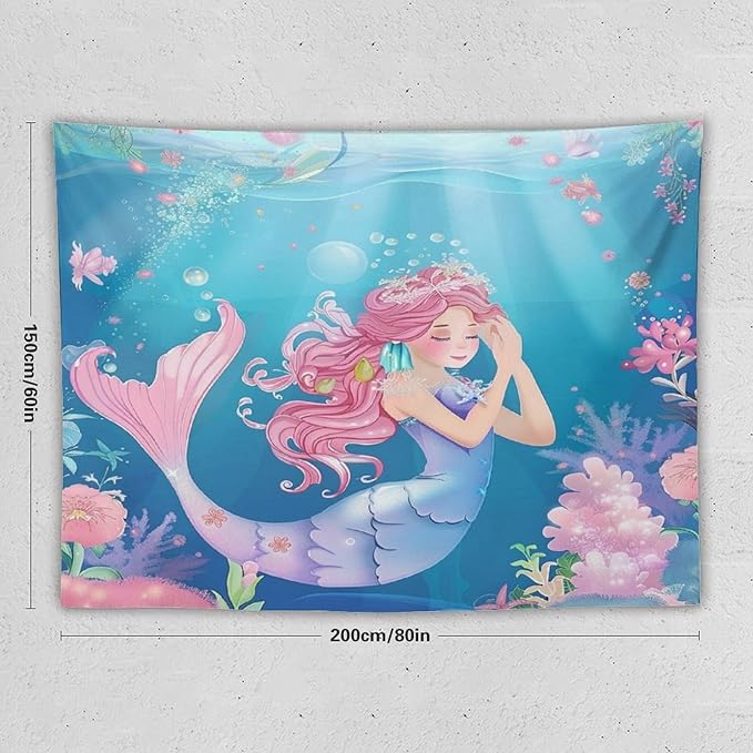 HZOHNAGO Mermaid Girls Tapestry Watercolor Flowers Mermaid Princess Blessing Pattern for Kids Room Decoration Printed Wall Tapestry Wall Hanging for Bedroom Living Room Dorm 80" W x 60" H-Ruum Studio Home