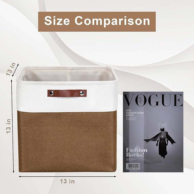 13x13 Cube Storage Bins, Collapsible Fabric Storage Box, 4 Pack Closet Baskets with Handles for Organizing, Shelf, Toys, Clothes, Home, Office, Nursery (Brown&White)-Ruum Studio Home