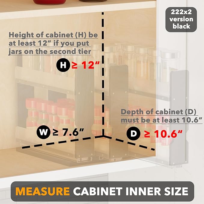 SpaceAid Bamboo Pull Out Spice Rack Organizer for Cabinet, Heavy Duty Slide Out Seasoning Kitchen Pantry Sliding Vertical Organization, 7.6" Wide, 3 Drawers(2" Wide), 2-Tier, Black-Ruum Studio Home