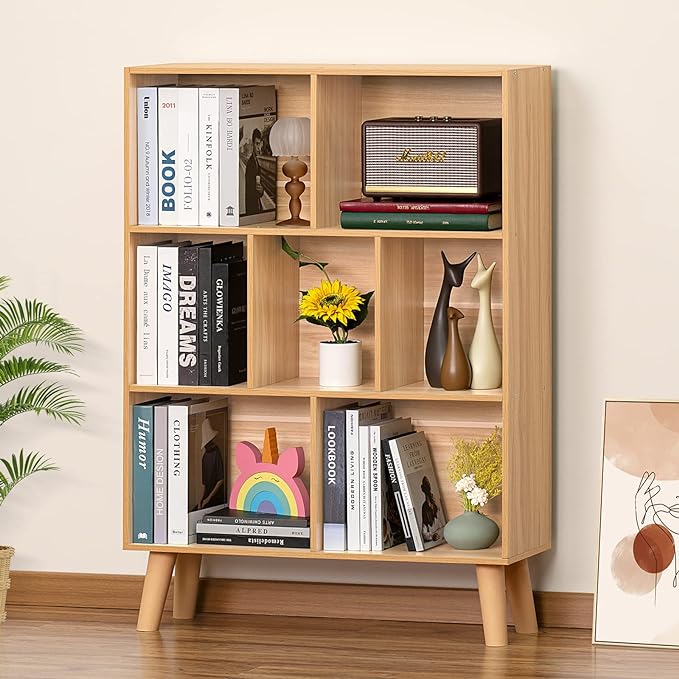 LEYAOYAO Wooden 7 Cube Book Shelf, Natural 3 Tier Bookshelf with Legs, Modern Open Storage Organizer,Boho Bookcase,Display Cabinet Shelf Free Standing Bookshelves for Bedroom,Living Room,Office-Ruum Studio Home