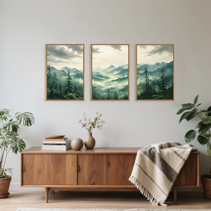 Green Foggy Mountain Framed Canvas Wall Art Set, Misty Forest Wall Decor, Watercolor Pine Tree Wall Painting, Large Nature Landscape Art Print for Living Room, Bedroom, Office - 16"X24"X3-Ruum Studio Home