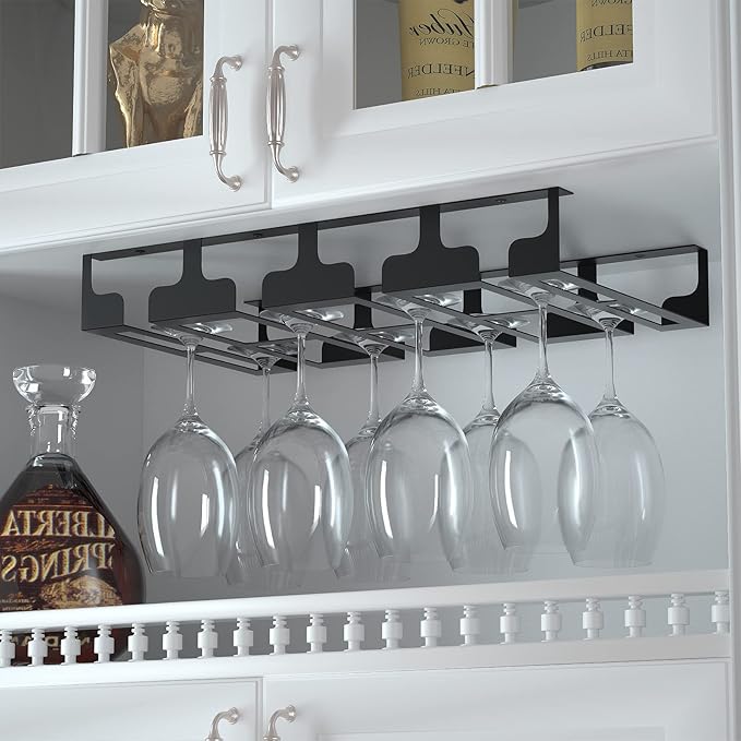 Wine Glass Rack - Under Cabinet Stemware Wine Glass Holder Glasses Storage Hanger Metal Hanging Organizer for Bar Kitchen 4 Rows Black-Ruum Studio Home