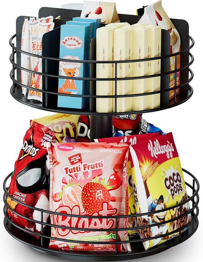 Snack Organizer - Versatile Snack Storage 2 Tier Lazy Susan with Convenient Grab-and-Go Design, Metal Snack Holder for Home, Office, Breakroom, 11.85" L x 11.85" W x 13.3" H (Matte Black)-Ruum Studio Home