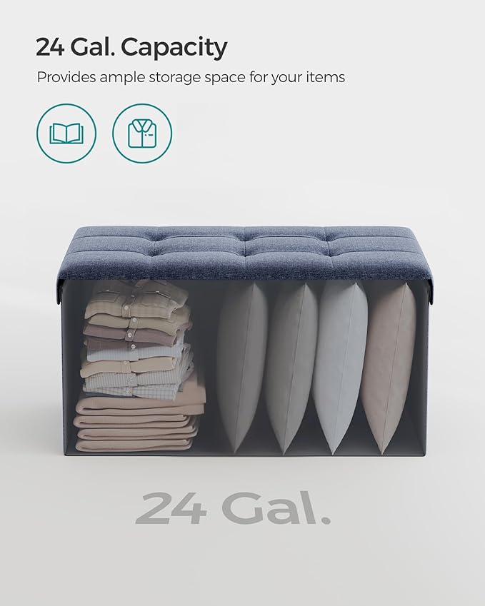 SONGMICS Mazie Collection - 30 Inches Folding Storage Ottoman Bench, Ottoman Foot Rest, End of Bed Bench, Storage Chest, Load 660 lb, for Living Room, Bedroom, Entryway, Misty Blue ULSF047Q01-Ruum Studio Home