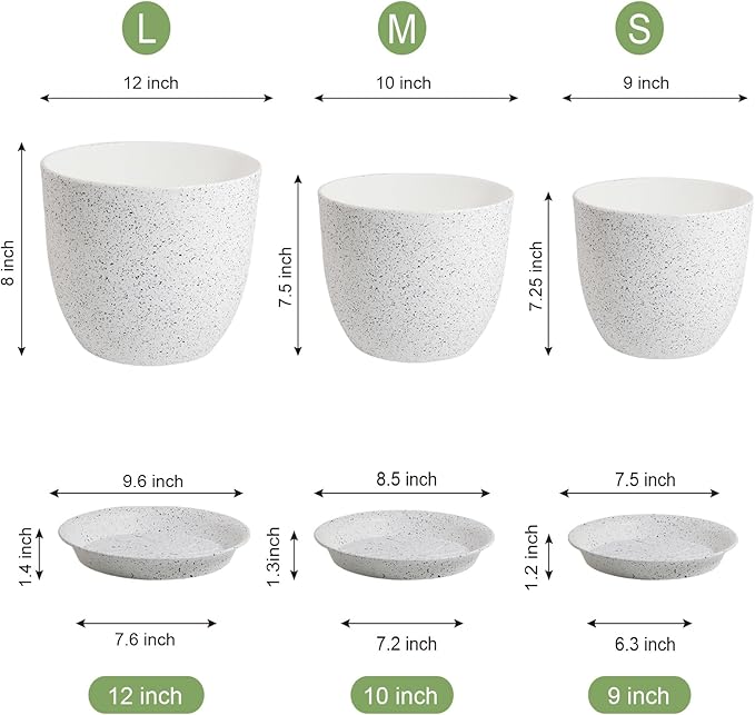 Large Flower Pots 12/10/9 inch, Set of 3 Modern Decorative Plastic Planters with Drainage Holes and Saucers for Garden House Plants, Plant Pots for Indoor Outdoor Plants, Speckled White-Ruum Studio Home