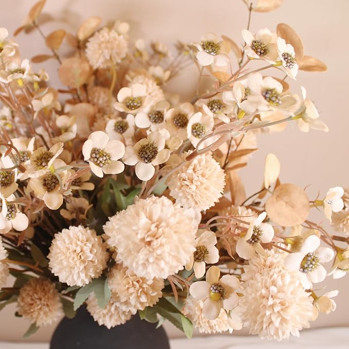 Beige Silk Flower Arrangements For Home Decor, Large Floral Centerpieces For Tables, Fake Mums + Eucalyptus + Wild Flowers in Bulk, Long Stem Artificial Flowers Coffee Dining Table, Faux Mums Flowers-Ruum Studio Home