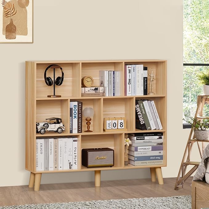 LEYAOYAO 10 Cube Bookshelf,3 Tier Modern Wide Bookcase with Legs,Mid-Century Wood Bookshelves Storage,Natural Large Book Case,Freestanding Organizer Display Shelf for Bedroom,Living Room,Office-Ruum Studio Home