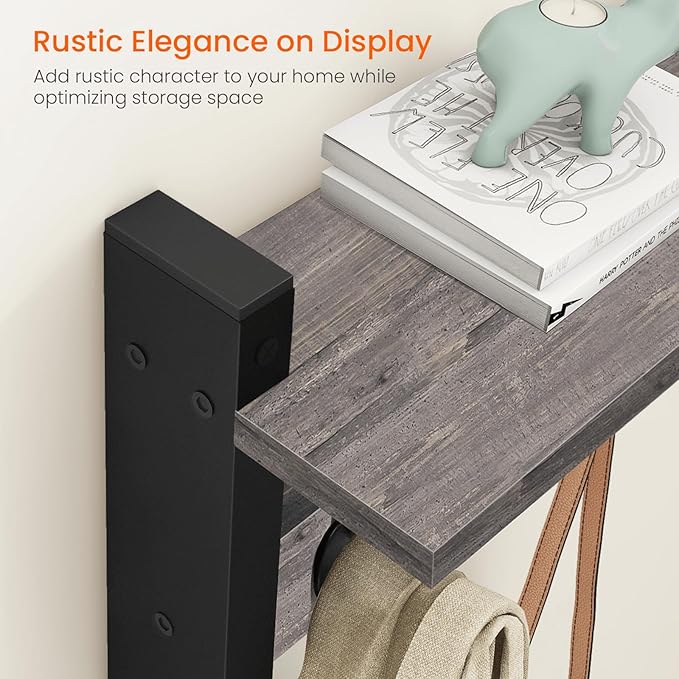 Homode Wall Hooks With Shelf, 24 Inch Coat Rack Wall Mount for Entryway, Clothes, Backpack, Key, Purse - Floating Shelf Hanging in Bathroom, Bedroom, Hallway, Rustic Grey-Ruum Studio Home