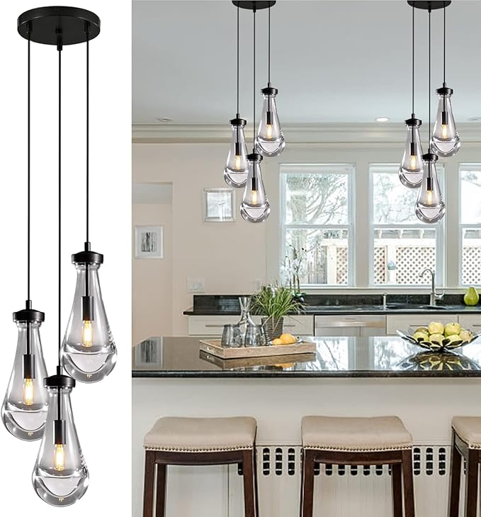 Bronze 3 Light Pendant Lighting, Raindrop Pendant Lights, Black Adjustable Hanging Rope Cluster Pendant Lighting Over Kitchen Island, Teardrop Glass Chandelier Dining Room Light Fixture-Ruum Studio Home
