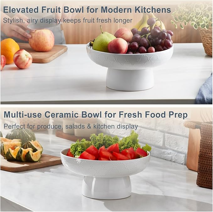 ONEMORE Ceramic Fruit Bowl, 10" Large White Removable Pedestal Bowl for Kitchen Counter, Modern Footed Fruit Bowl with Draining Holes, Decorative Fruit Bowls for Vegetables, Snacks, Candies-Ruum Studio Home