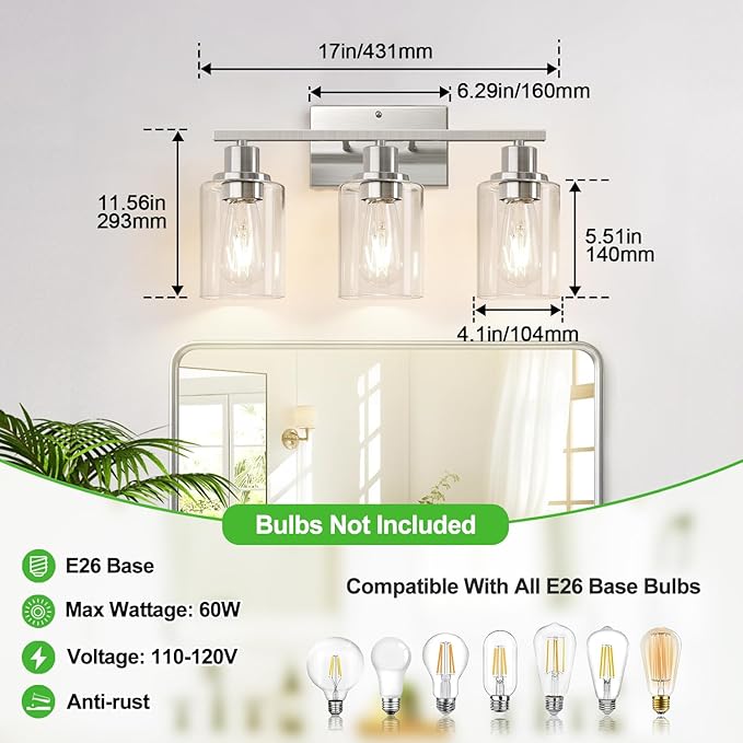 3-Light Bathroom Light Fixtures, Brushed Nickel Vanity Lights with Clear Glass Shades, Modern Bathroom Wall Lamp for Mirror Living Room Cabinet Bedroom Porch-Ruum Studio Home