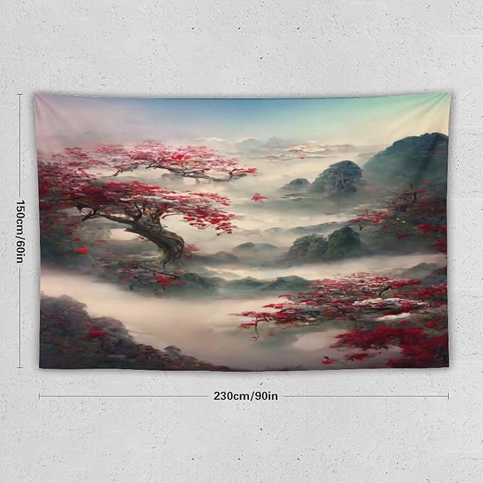 Japanese Tapestry, Red Plum Cherry Blossom Mountain Tapestry, Asian Japanese Wall Tapestry, Nature Landscape Tapestries for Bedroom Living Room Decor 90"x60"-Ruum Studio Home