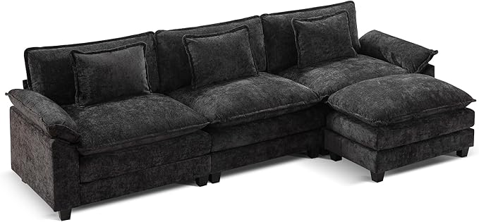 URRED Modular Sectional Sofa Comfy Cloud Couch, Modern Chenille Sofa Sleeper Deep Seat Couches with Ottoman/Pillows for Living Room (Black, 117''- L Shape)-Ruum Studio Home