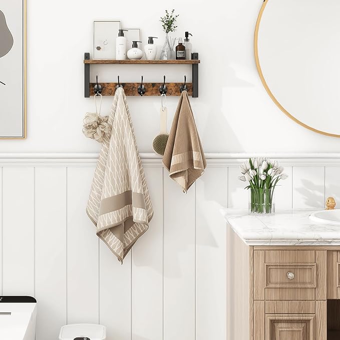 Homode Wall Hooks with Shelf, Wood Coat Rack with Shelf Wall-Mounted, Entryway Hanging Shelves with 5 Metal Hooks for Clothes Hats Towel Purse Robes, Bathroom Mudroom Bedroom, Rustic Brown Black-Ruum Studio Home